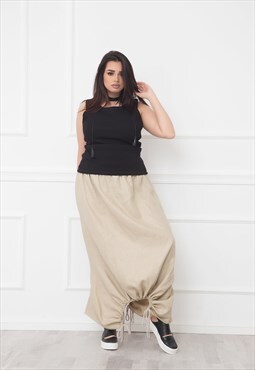 Linen maxi skirt with front drawstring gathered detail 