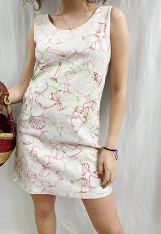 VINTAGE 60S MOD TWIGGY FLORAL PRINT MINI DAY DRESS WHITE