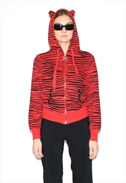 Vintage Y2K zebra print zip up hoodie in red / black