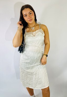 Vintage Size S Satin Lace Midi Slip Dress in White