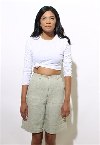 VINTAGE 1980'S 80'S GREEN LINEN WIDE LEG SHORTS PREPPY XS-S