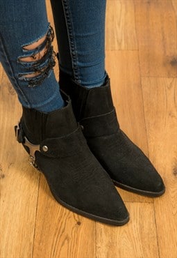 Ladies vintage black suede ankle cowboy / western boots 
