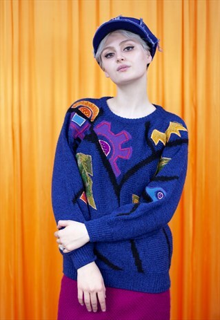 VINTAGE 80S JUMPER NAVY BLUE YELLOW PINK FLORAL GEOMETRIC