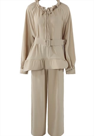 Belted Blouse And Wide Leg Trouser Co-Ords In Beige