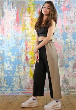 Patchwork Crop Trousers in Black & Check Fabric