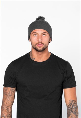 ESSENTIAL BOBBLE POM POM BEANIE HAT - CHARCOAL GREY