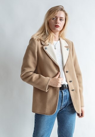 VINTAGE 70S BOHO FLEECE JACKET BLAZER WITH CONTRAST COLLAR