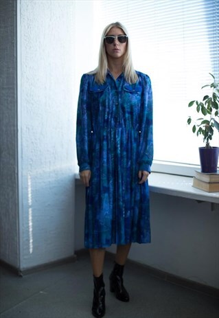 VINTAGE 80'S MIDI BLUE ABSTRACT PRINT LONG SLEEVED DRESS
