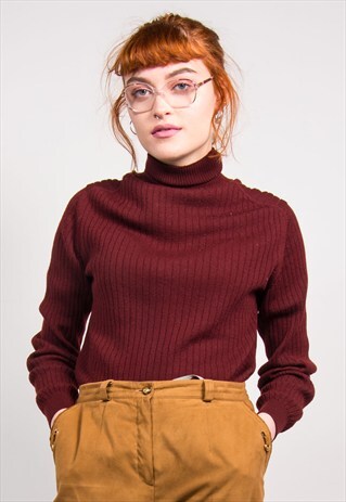 90'S VINTAGE BURGUNDY RIBBED ROLL NECK KNIT TOP JUMPER