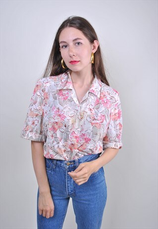 VINTAGE FLOWERS PRINT GRAY CUTE BLOUSE