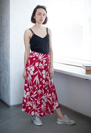 VINTAGE 80'S FLORAL PATTERNED MIDI VISCOSE SKIRT