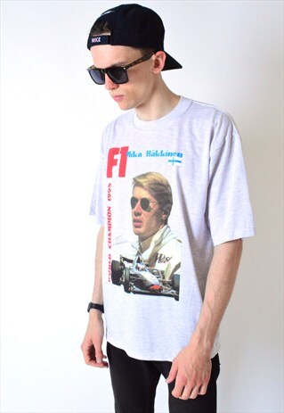 VINTAGE 90S GREY F1 MIKA HAKKINEN T-SHIRT