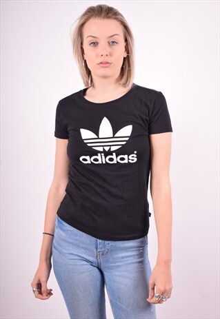 ADIDAS WOMENS VINTAGE T-SHIRT TOP SMALL BLACK 90'S