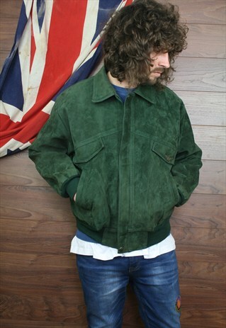 VINTAGE SUEDE LEATHER LINED BOMBER JACKET . LARGE , GREEN