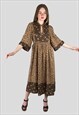 70's Vintage Folk Smock Brown Floral 3/4 Length Midi Dress