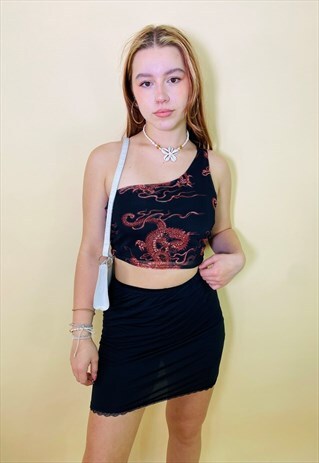 VINTAGE 00S Y2K MESH DRAGON PRINT ONE SHOULDER CROP TOP