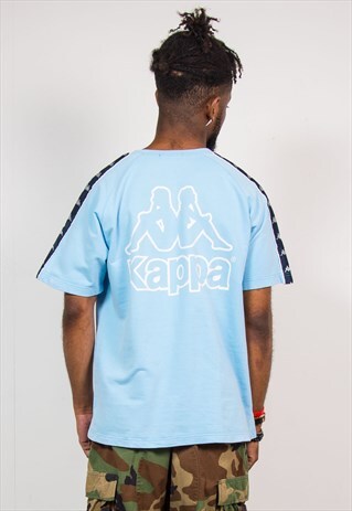 VINTAGE 90'S BABY BLUE KAPPA TAPE SLEEVE V-NECK T-SHIRT