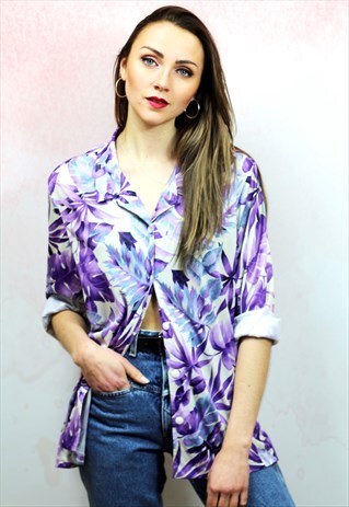 1980S VINTAGE PURPLE AND WHITE PATTERNED SILKY BLOUSE