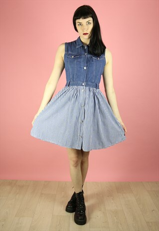 90S VINTAGE DENIM GINGHAM SHIRT SKATER DRESS MINI SHORT