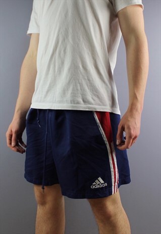 VINTAGE ADIDAS SHORTS IN NAVY WITH POCKETS, EMBROIDERED LOGO