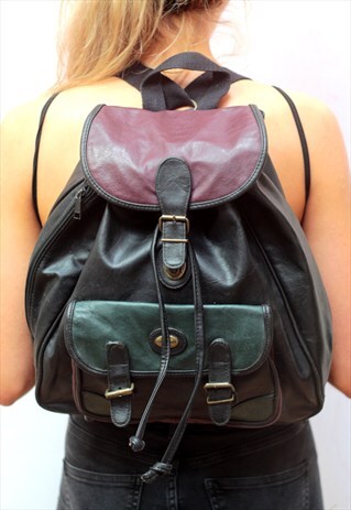 1990S VINTAGE BLACK, GREEN AND RED REAL LEATHER BACKPACK