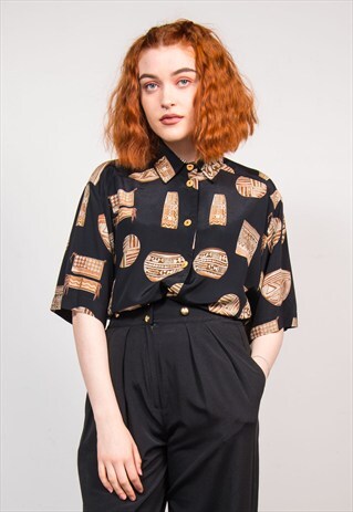 90'S VINTAGE BLACK VASE PATTERN SHORT SLEEVE SHIRT