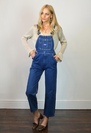 PETITE VINTAGE 90S DARK BLUE DENIM CROP FLARE DUNGAREES