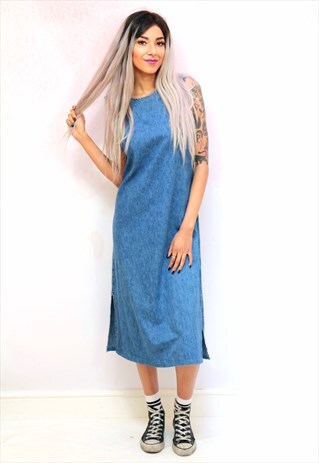 1990S VINTAGE SHIFT HIGH NECK DENIM MIDI DRESS