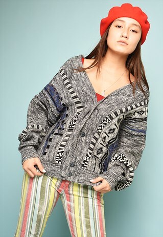 VINTAGE 80'S ABSTRACT PATTERN KNIT OVERSIZED CARDIGAN