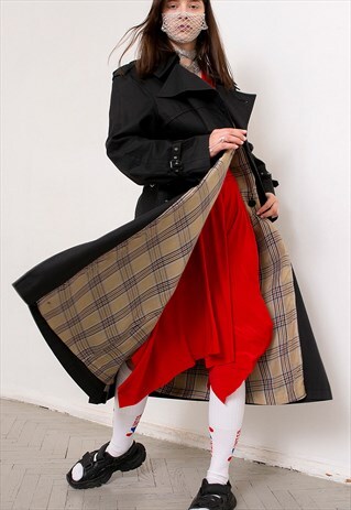 VINTAGE TRENCH COAT BLACK DARK GREY LONG BELTED UNISEX 90S