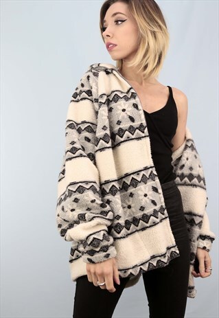 VINTAGE 90S OVERSIZED PATTERNED TEDDY SHERPA ZIP UP FLEECE