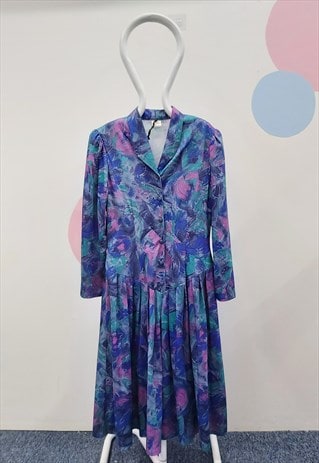 Vintage Pleated Shirt Dress Blue Purple