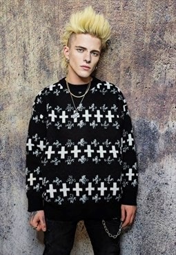 Cross sweater knitted Gothic jumper grunge top in black