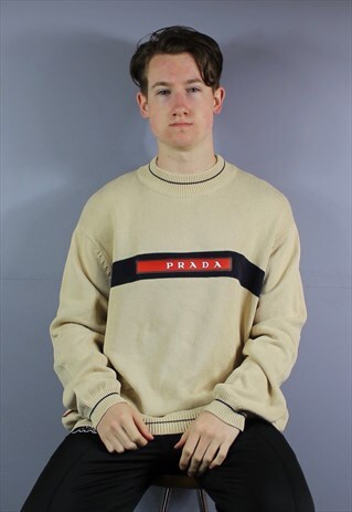 VINTAGE PRADA SWEATSHIRT IN BEIGE WITH RUBBER PATCH LOGOS. S