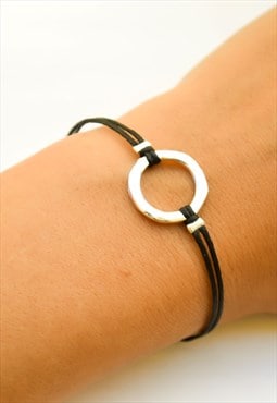 Silver karma circle charm bracelet black cord gift for her