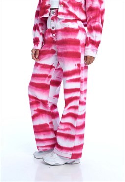 Loose Fit Baggy Jeans In Red Pink Tiedye