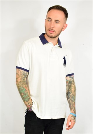 VINTAGE POLO RALPH LAUREN WHITE BLUE CLASSIC POLO T SHIRT