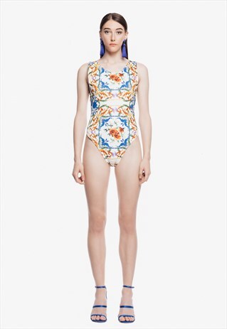 FLORAL PRINTED SCUBA BODYSUIT SWIMSUIT