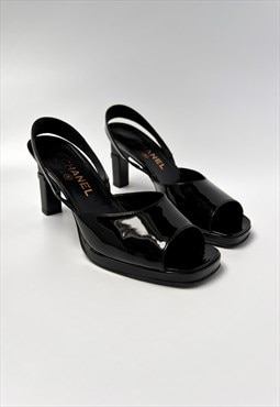 Chanel Heels Sandals Black Patent CC Logo Heel EU 37