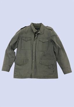 Khaki Green Drawstring Waist Zip Casual Combat Parka Jacket