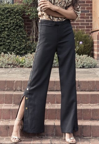 BLACK WIDE LEG FLARE TROUSER WITH GOLD POPPERS