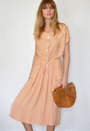 VINTAGE 1940S PASTEL CORAL STRIPE PINK MIDI SUMMER DRESS