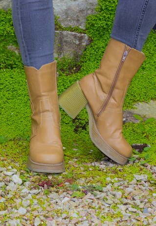 VINTAGE 90'S BLOCK HEEL PLATFORM BOOTS UK6