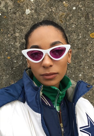 WHITE FRAME CAT EYE WITH PURPLE LENS SUNGLASSES