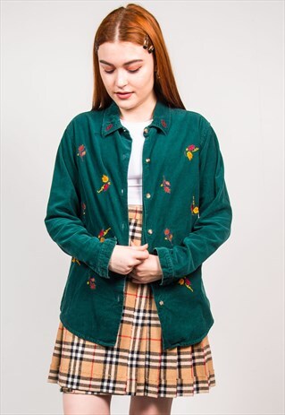 VINTAGE 90'S DARK GREEN LEAF EMBROIDERED CORD SHIRT