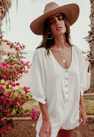 WHITE LOOSE FIT LADIES SUMMER PLAYSUIT ROMPER WITH SLEEVES