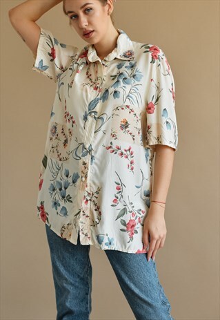 VINTAGE 80S SHORT SLEEVE PROLONGED FLORAL VISCOSE SHIRT M