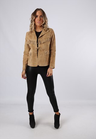 SUEDE LEATHER FRINGE TASSEL JACKET VINTAGE UK 10 (NCL)