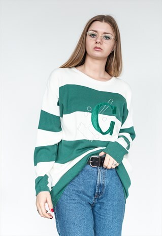 VINTAGE FUNKY 80S STRIPE GREEN JUMPER