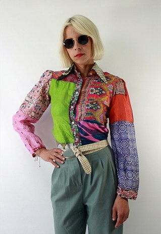 VINTAGE 70'S BEAUTIFUL SILK SHIRT WITH PATCHWORK HAND MADE